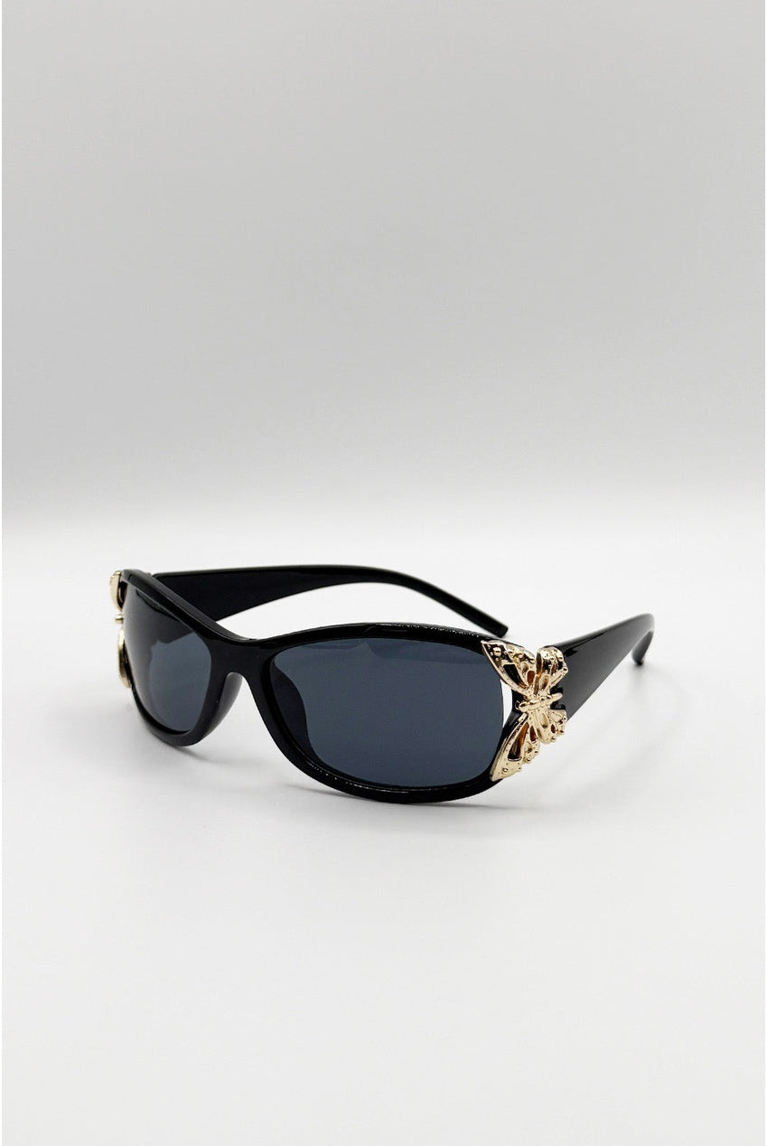 Vintage Wrap Around With Butterfly Detail Sunglasses In Black SG2604202