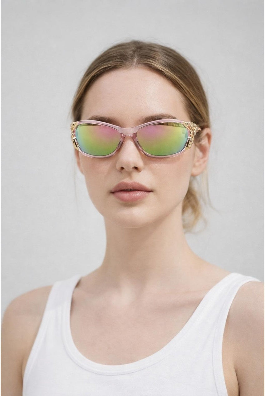 Vintage Wrap Around With Butterfly Detail Sunglasses In Pink Multi SG2604209