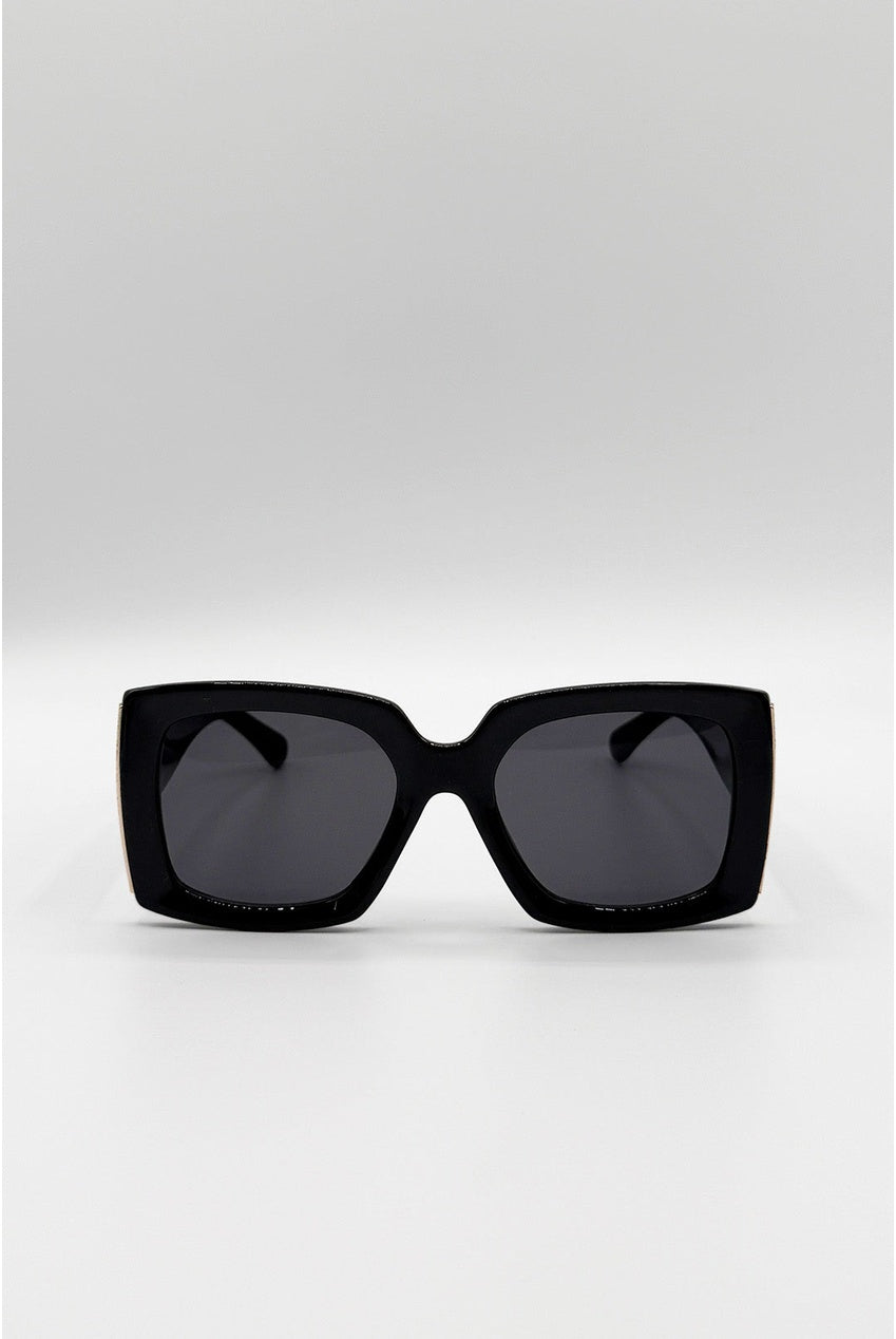Oversized Square Sunglasses In Black Gold Detail SG2604402