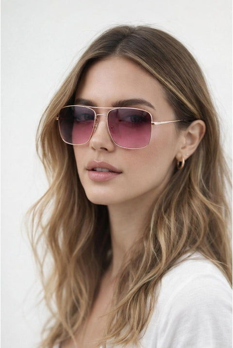 Aviator Style Square Frame Sunglasses In Gold Pink by SVNX