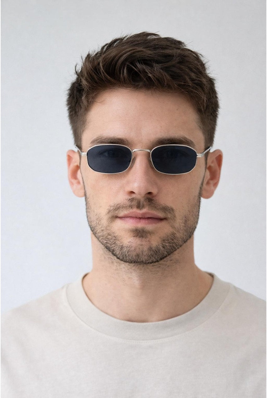 Slim Metal Oval Frame In Silver With Black Lenses SG2607802