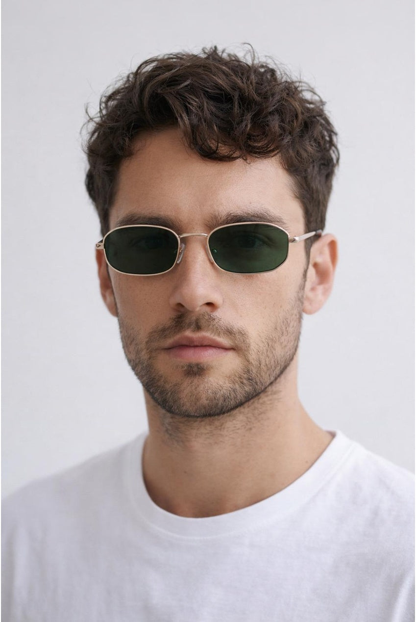 Slim Metal Oval Frame In Gold With Khaki Lenses SG2607824