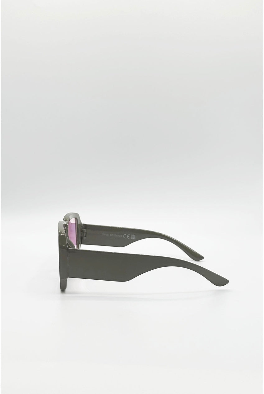 Oversized Square Frame Sunglasses In Mud Grey With Pink Mirror Lenses SG2608109
