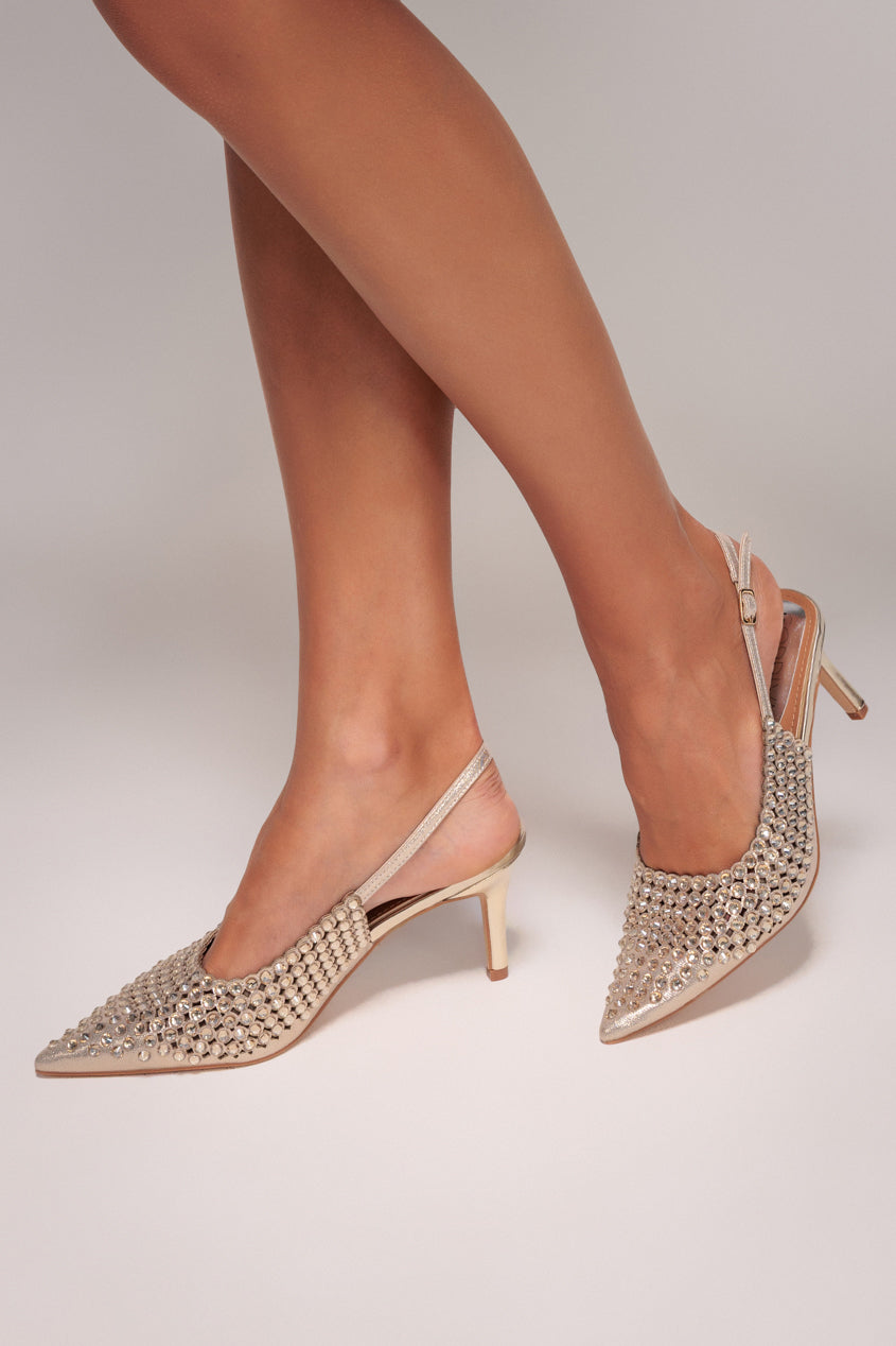 Pearl Embellished Slingback Heeled Court Shoes - Gold SH02