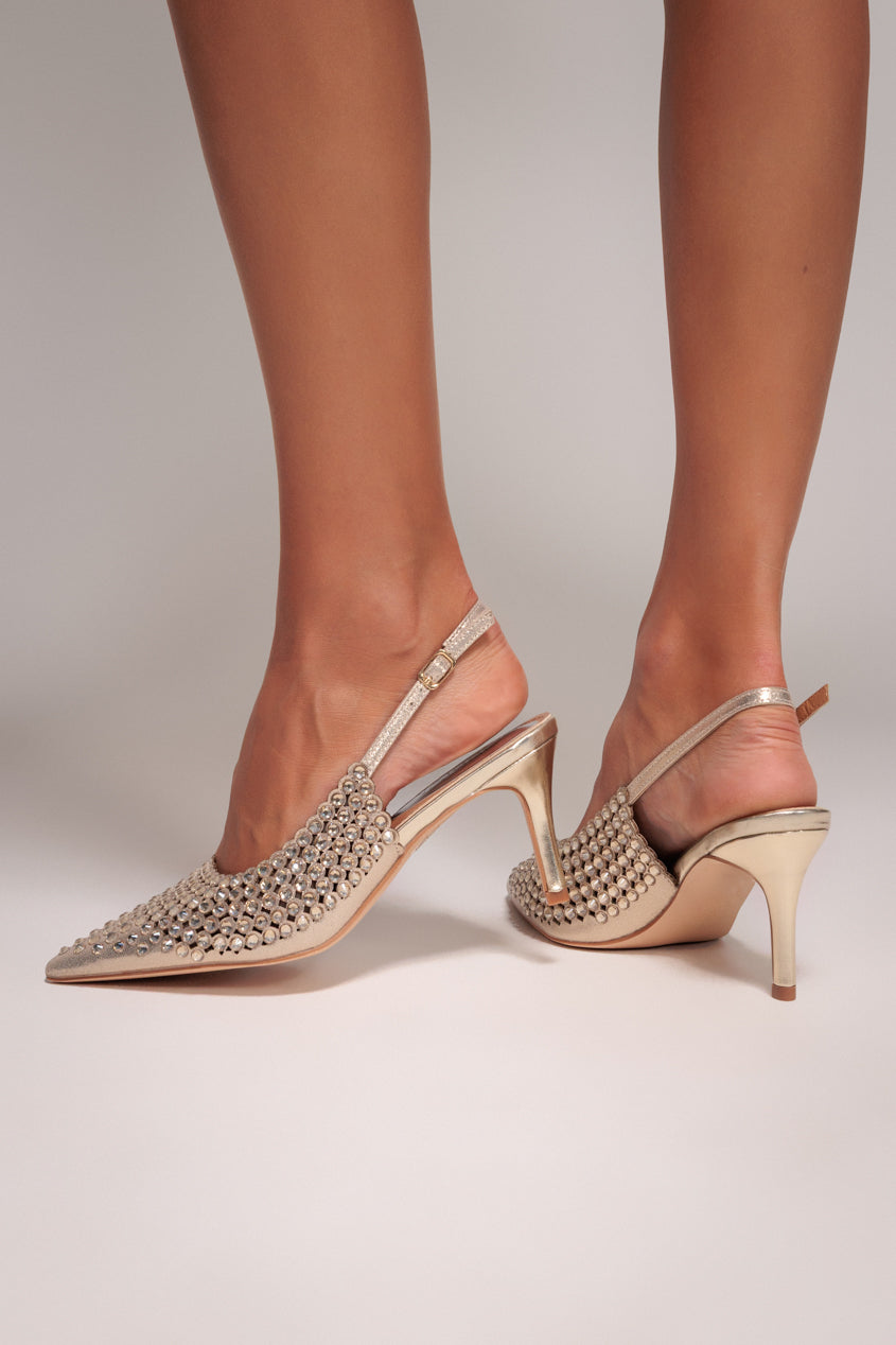 Pearl Embellished Slingback Heeled Court Shoes - Gold SH02