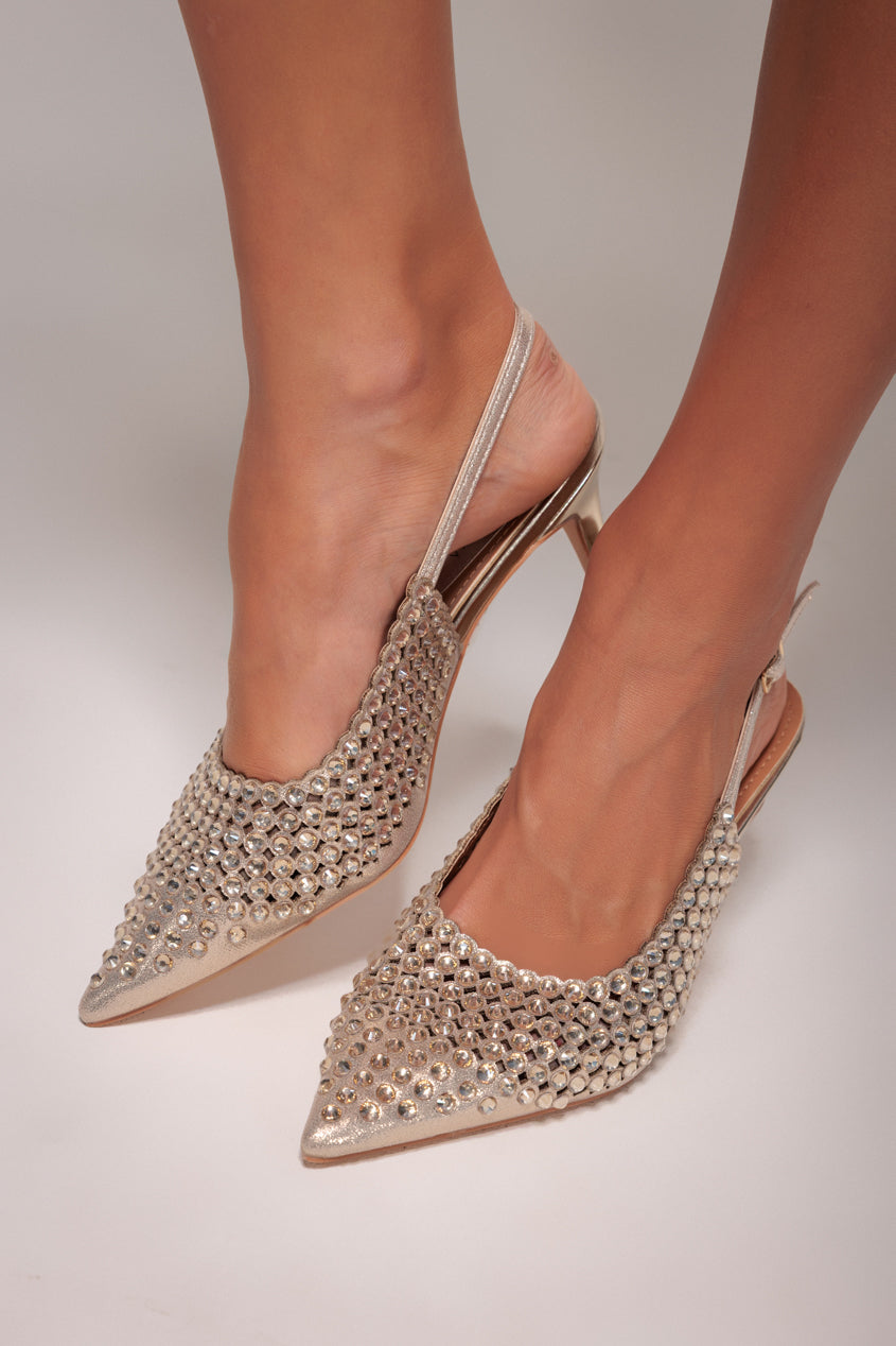 Pearl Embellished Slingback Heeled Court Shoes - Gold SH02