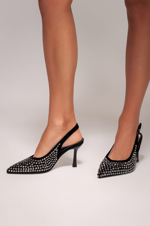 Rhinestone Slingback Heeled Court Shoes - Black by Goddiva