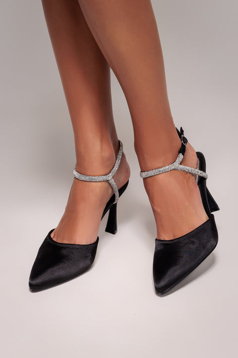 Diamante Embellished Satin Slingback Court Heels - Black Satin by Goddiva