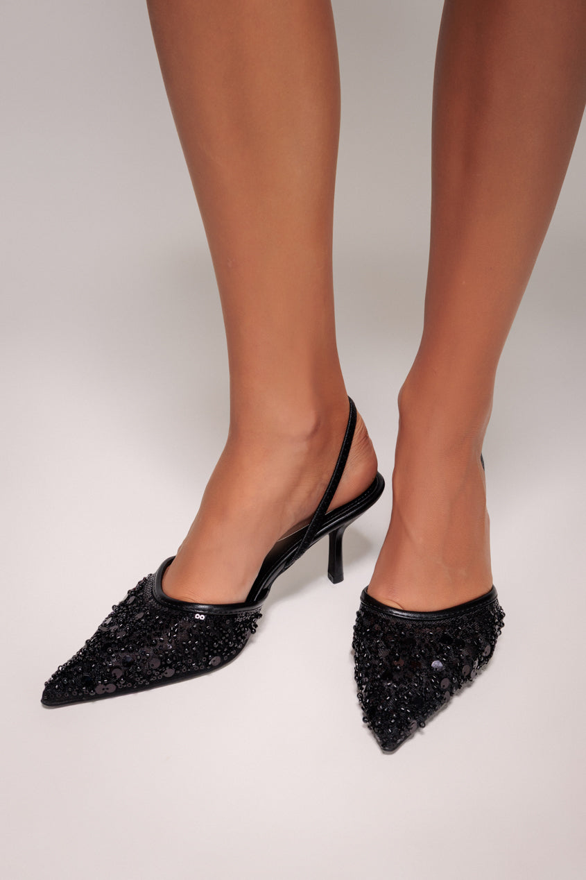 Beaded Sequin Low Heel Slingback Shoes - Black SH15