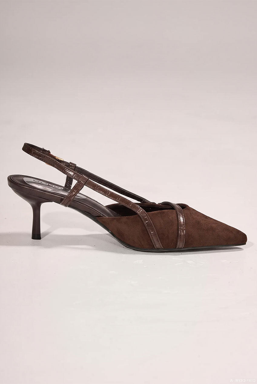 Pointed Slingback Heels With Croc-Style Straps - Brown SH19