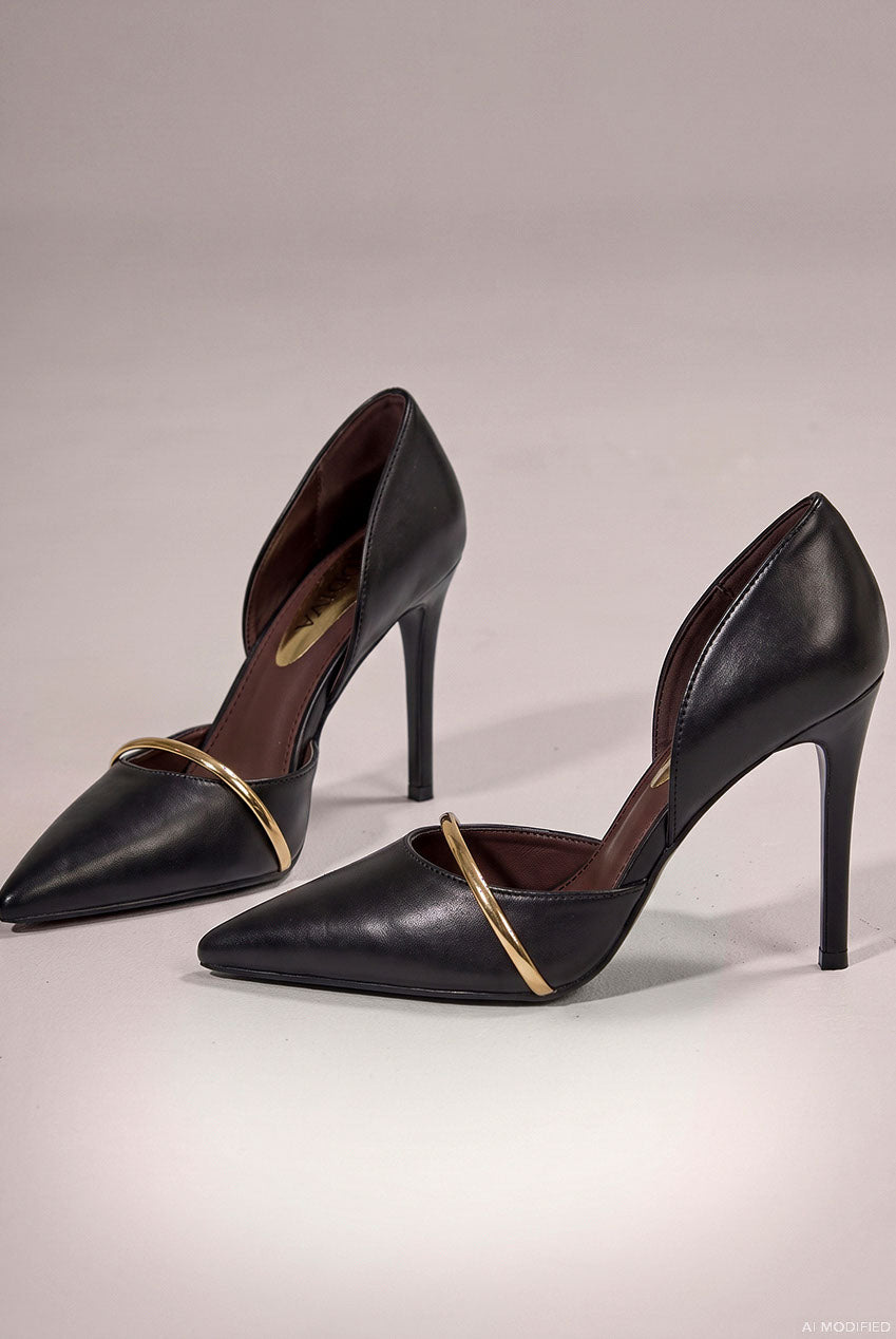 Pointed Toe With Gold Strap Stiletto High Heel - Black SH21