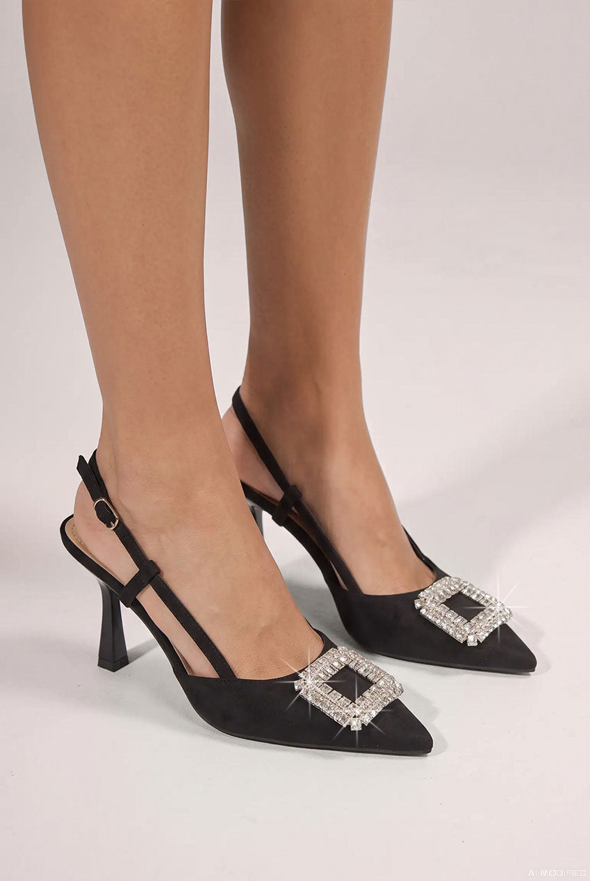 Diamante Buckle Embellished Pointed Toe Sling Back High Heel - Black SH23