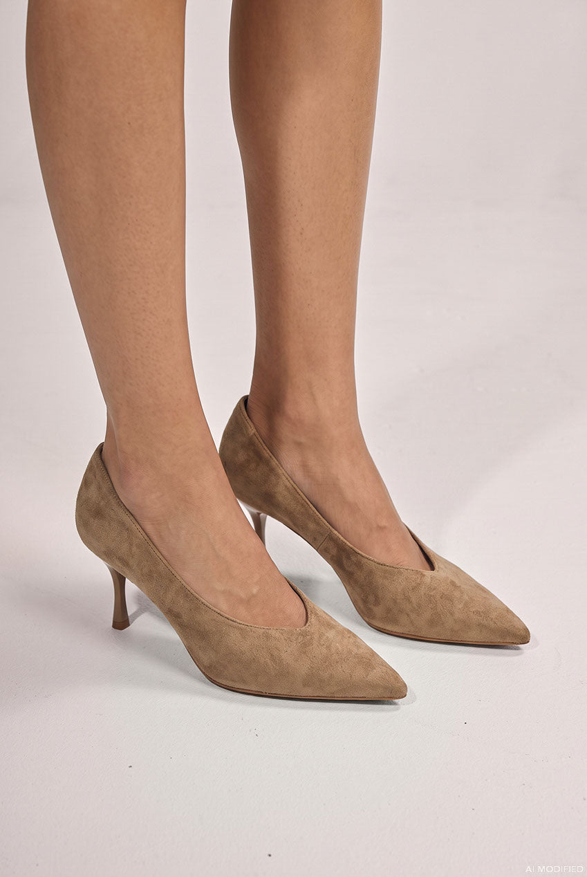 Classic Low Cut Stiletto Style Suede Court Heels - Khaki SH24