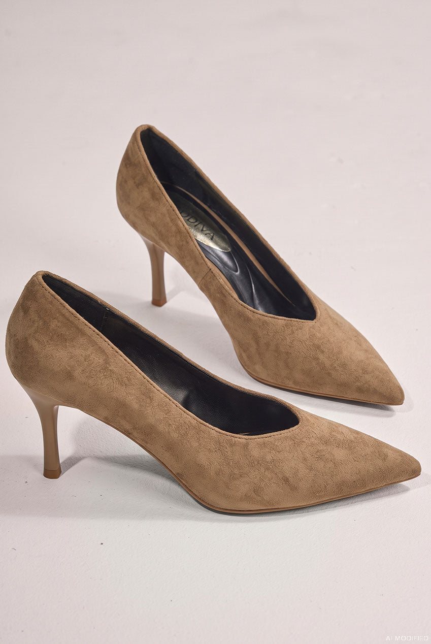 Classic Low Cut Stiletto Style Suede Court Heels - Khaki SH24