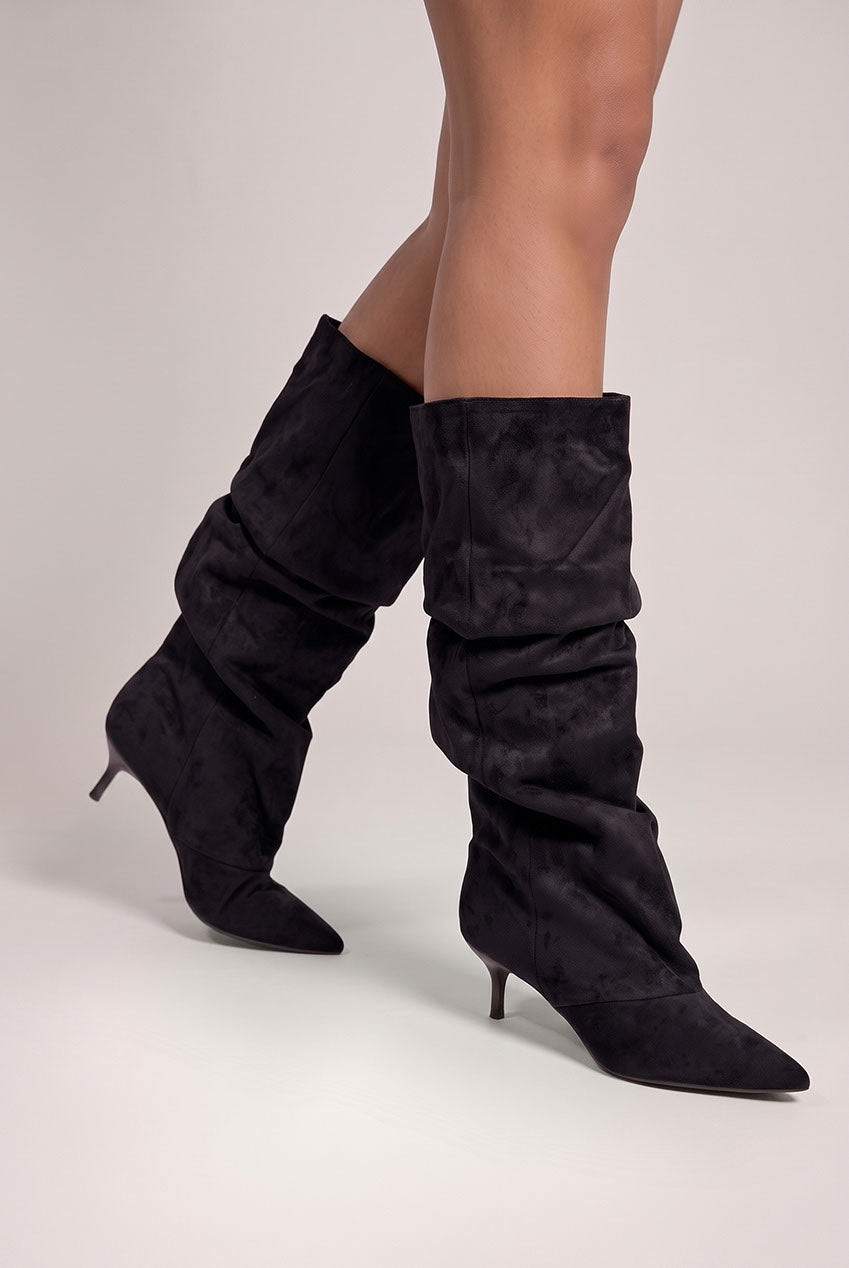 Pointed-Toe Knee High Slouchy Kitten Heel Boots - Black SH26