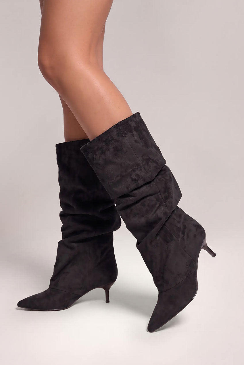 Pointed-Toe Knee High Slouchy Kitten Heel Boots - Black SH26