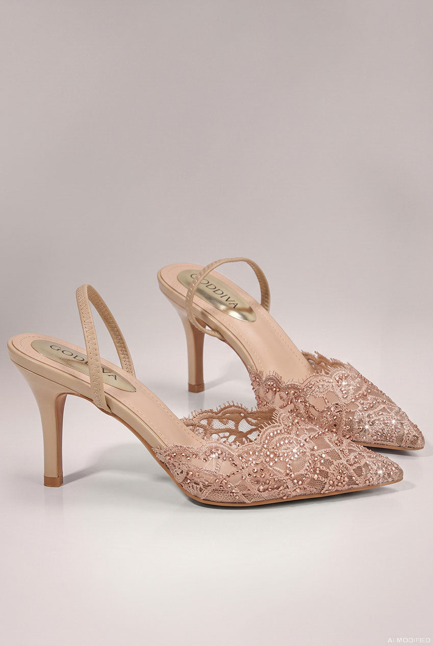 Embellished Scalloped Edged Lace Slingback Heels - Champagne SH29
