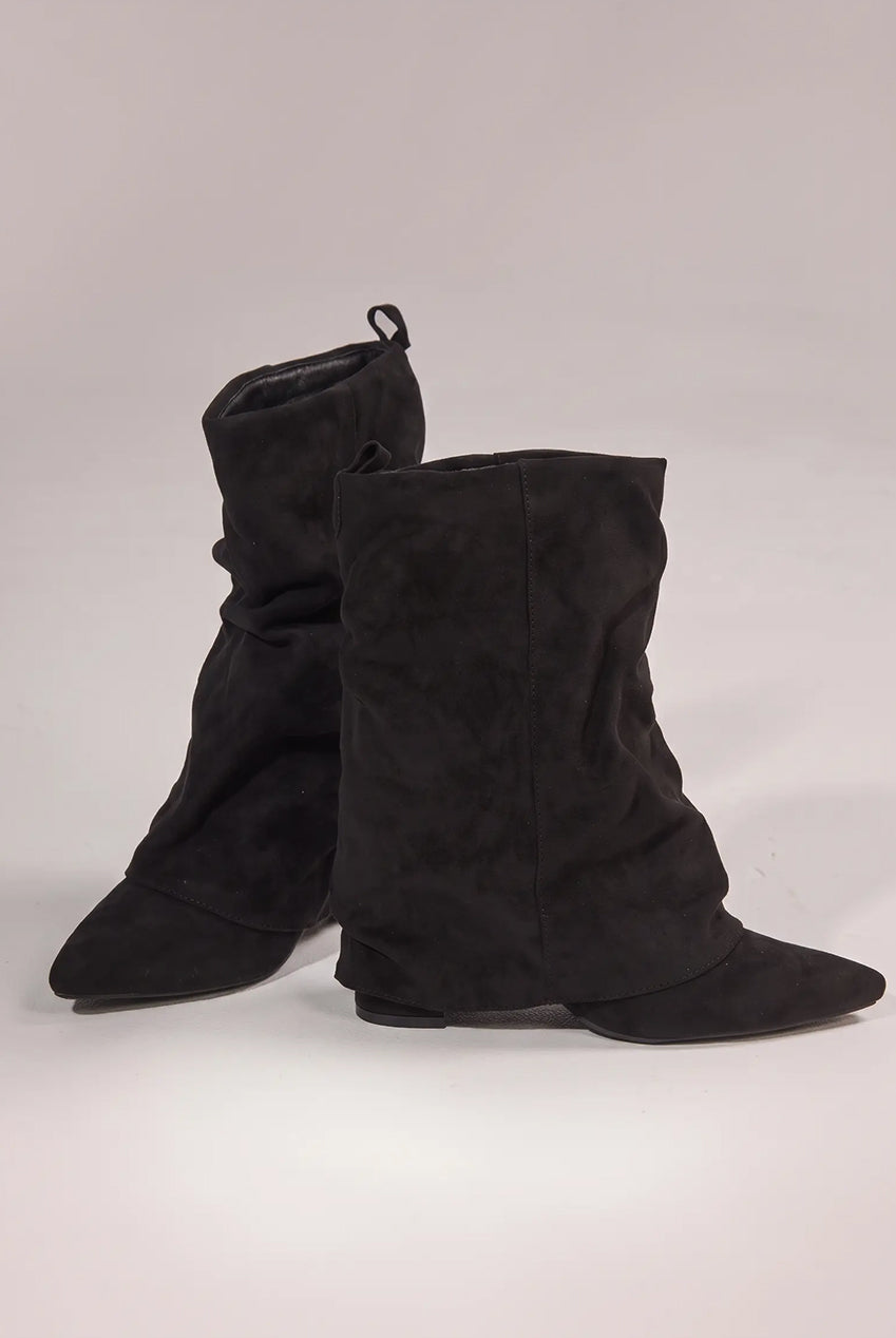 Mid Calf Slouchy Low Block Heel Boots - Black SH30