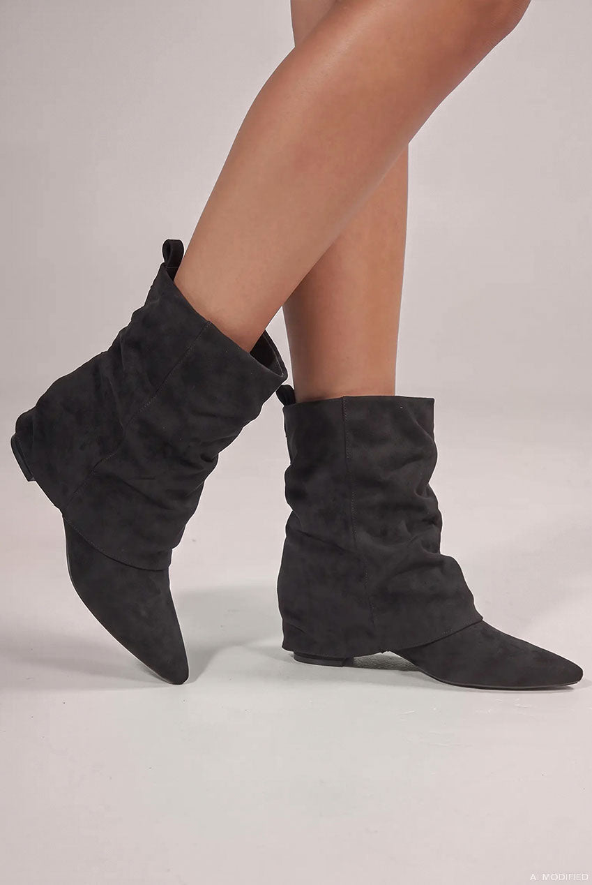 Mid Calf Slouchy Low Block Heel Boots - Black SH30