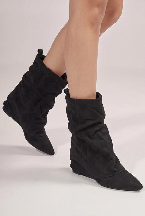 Mid Calf Slouchy Low Block Heel Boots - Black by Goddiva