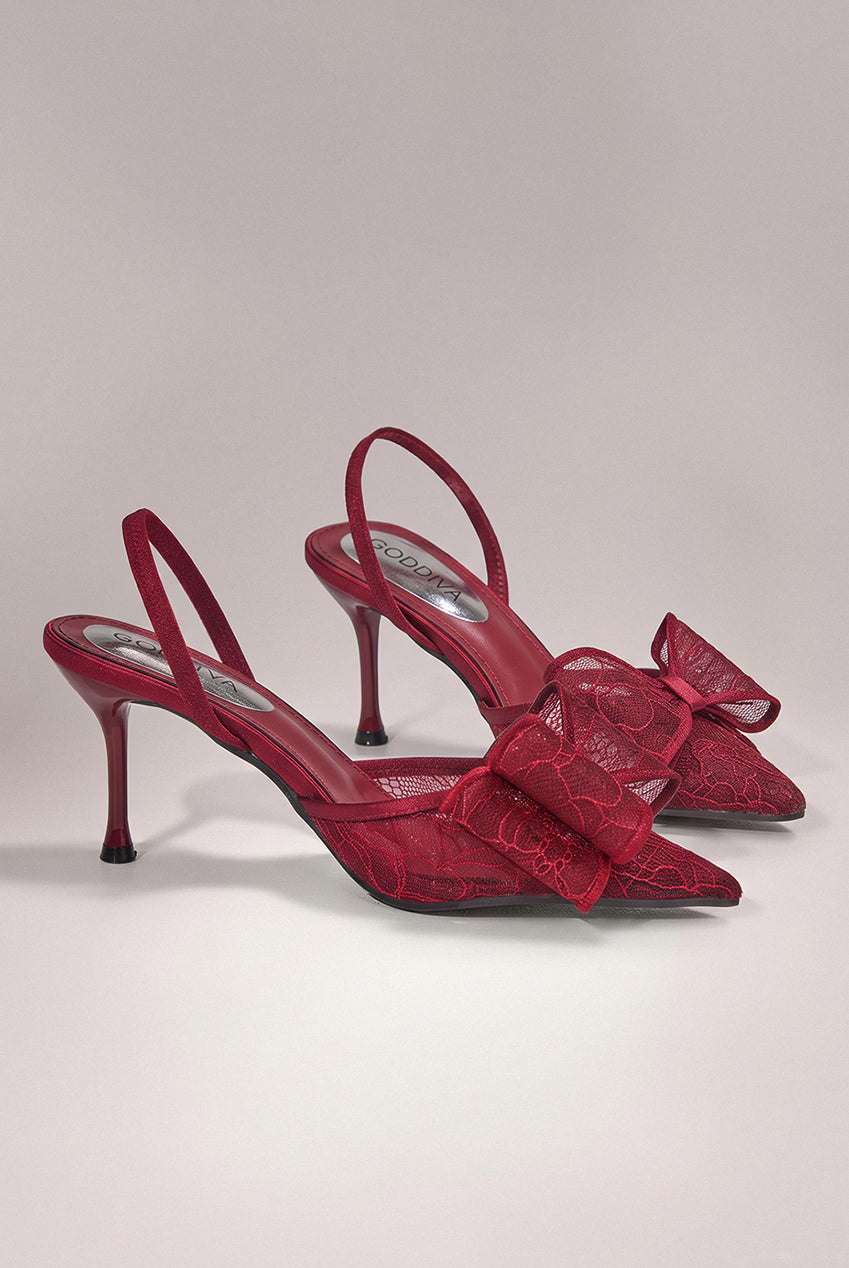 Pointed Toe Lace Bow Stiletto Slingback Heels - Wine SH31