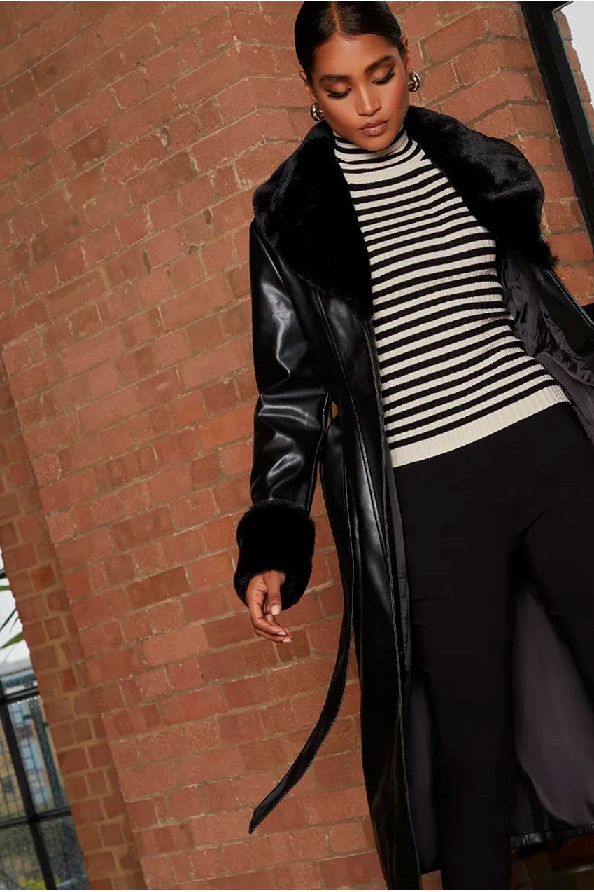 Faux Leather Longline Coat With Faux Fur Trim In Black SHCO60BK