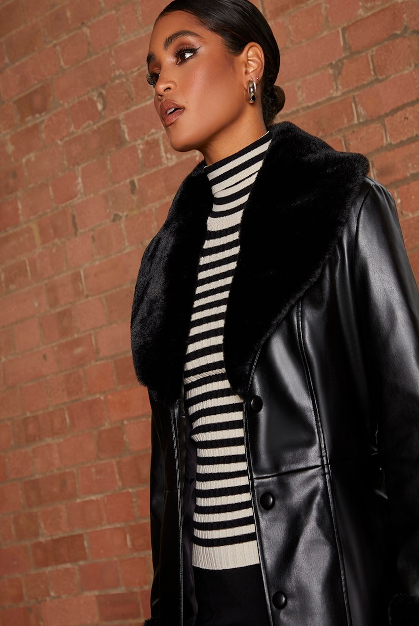 Faux Leather Longline Coat With Faux Fur Trim In Black SHCO60BK
