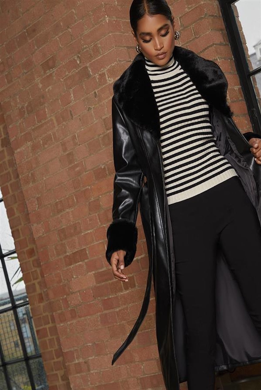Faux Leather Longline Coat With Faux Fur Trim In Black SHCO60BK