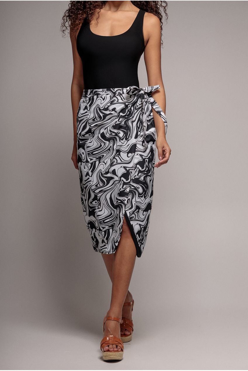 Printed High Waist Wrap Midi Skirt - Black SK17