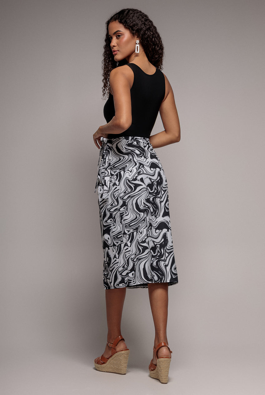 Printed High Waist Wrap Midi Skirt - Black SK17