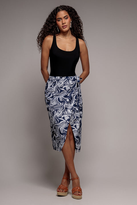 Printed High Waist Wrap Midi Skirt - Navy by City Goddess