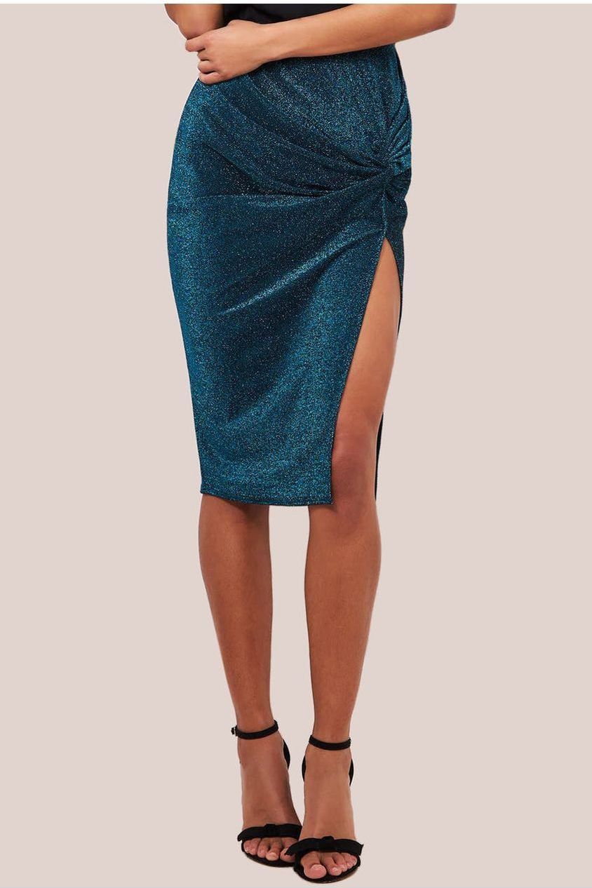 Knot Front Thigh Split Midi Skirt - Blue SK22