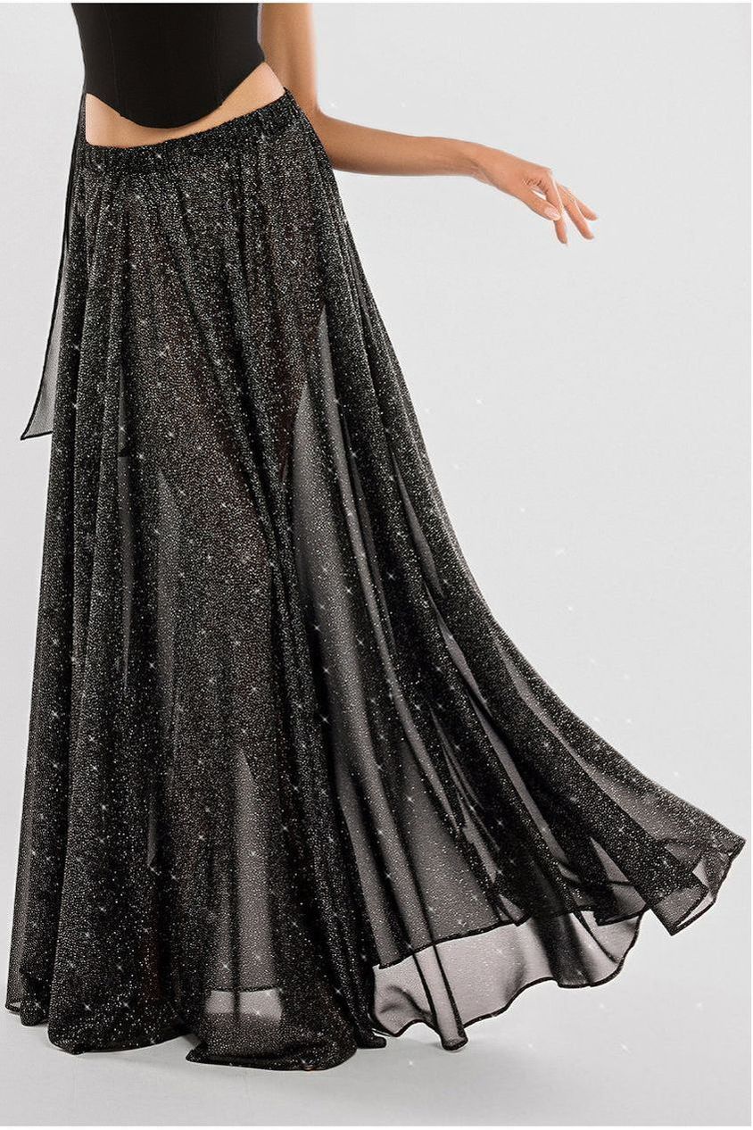 Gathered A-Line Glitter Chiffon Maxi Skirt SK30