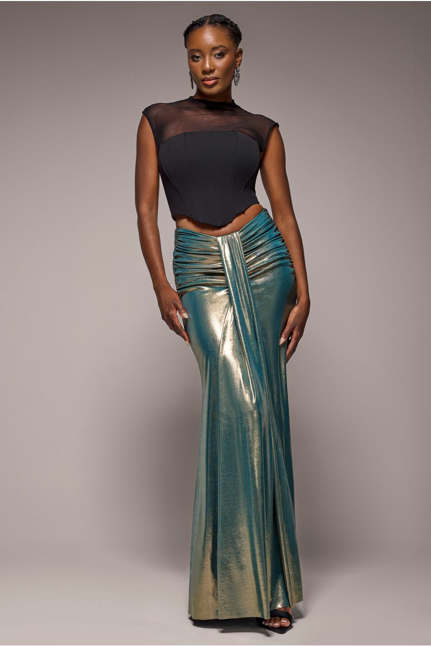 Gathered Front Dipped Waist Foil Maxi Skirt - Gold SK64