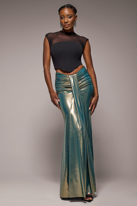 Gathered Front Dipped Waist Foil Maxi Skirt - Gold by Goddiva