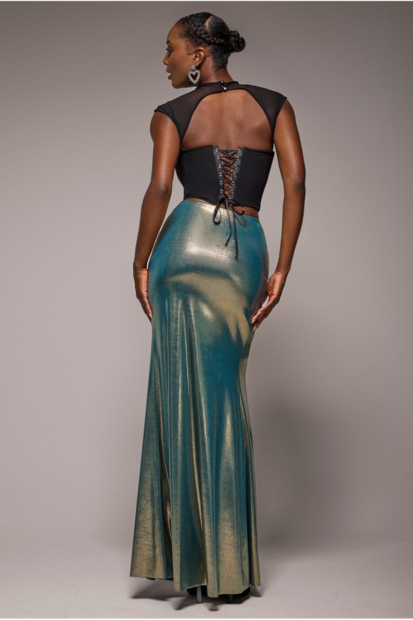 Gathered Front Dipped Waist Foil Maxi Skirt - Gold SK64