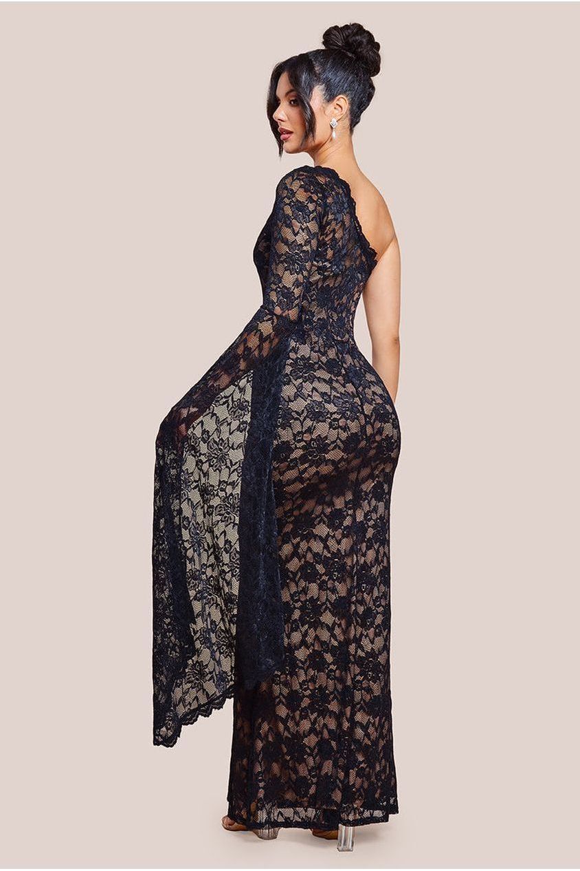 One Shoulder Scalloped Neck Maxi Dress - Black DR4601