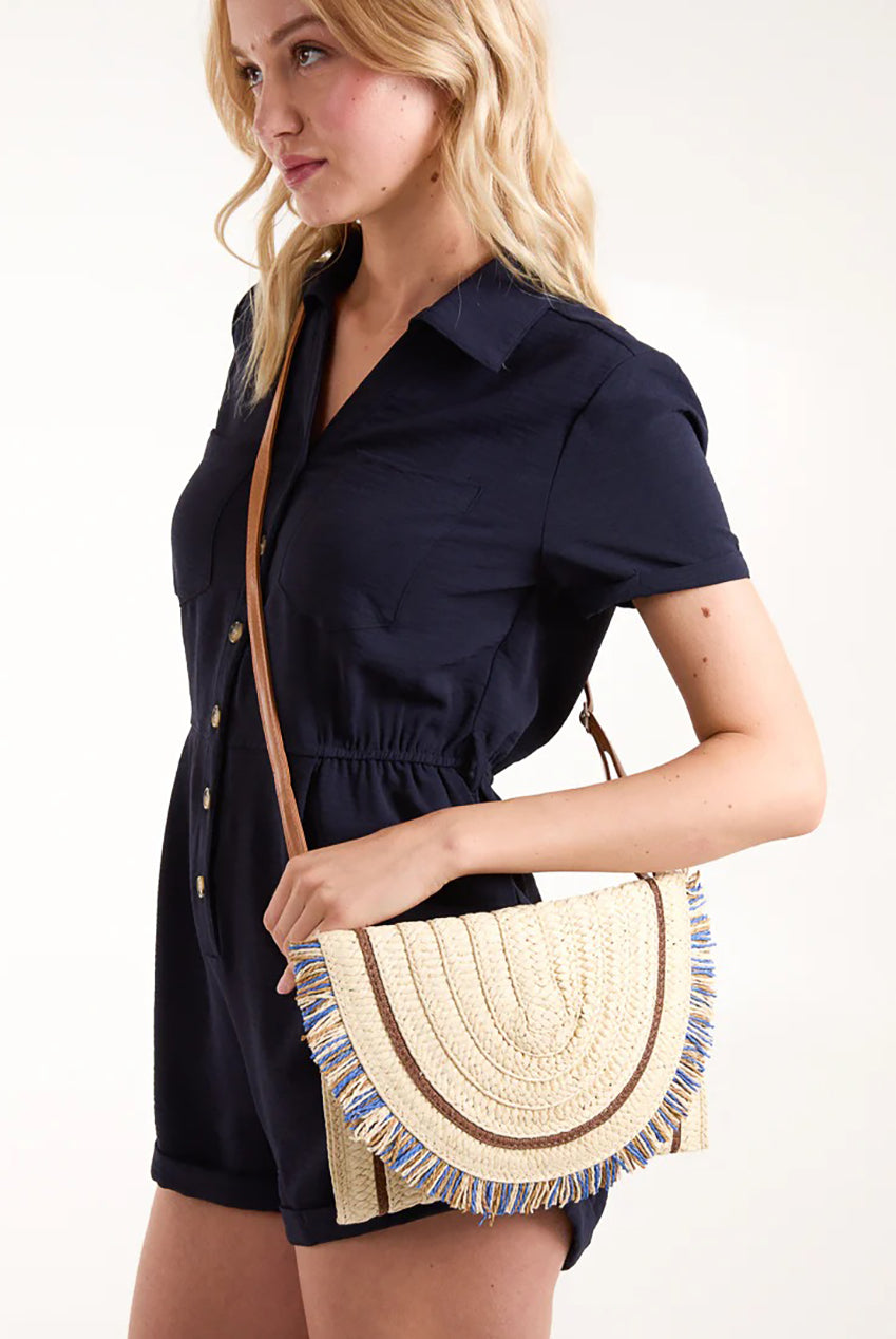 Woven Fringe Detail Clutch Bag With Attachable Strap SS24134B001