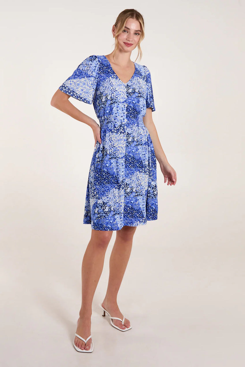 Shirred Waist Button Front Patchwork Mini Dress SS25113B002