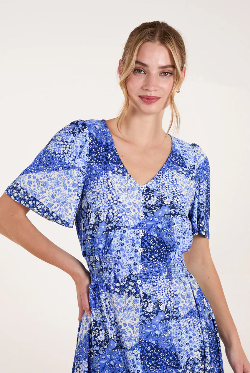 Shirred Waist Button Front Patchwork Mini Dress SS25113B002