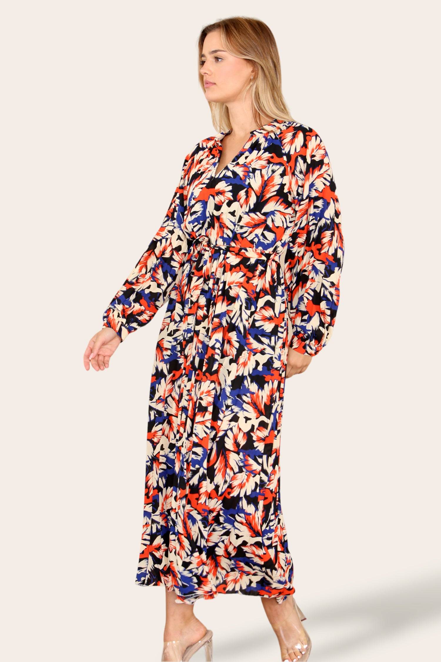 Abstract Leaf Printed Belted Pleated Maxi Dress LS-2329-WA3