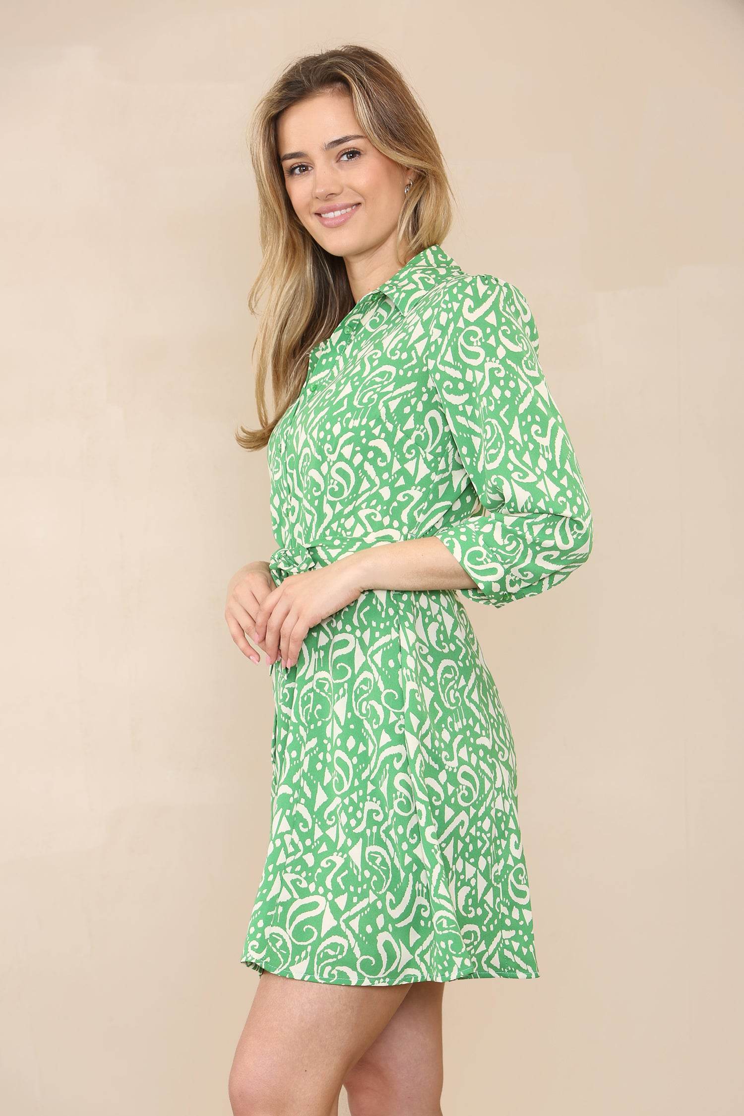 Green Mixed Paisley Print Mini Shirt Dress LS2143-G14