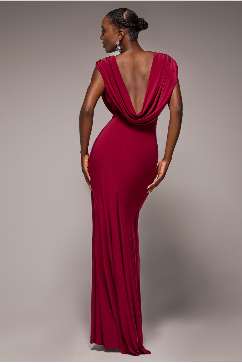 Cowl Plunge Draped Mermaid Maxi Dress - Wine DR4879