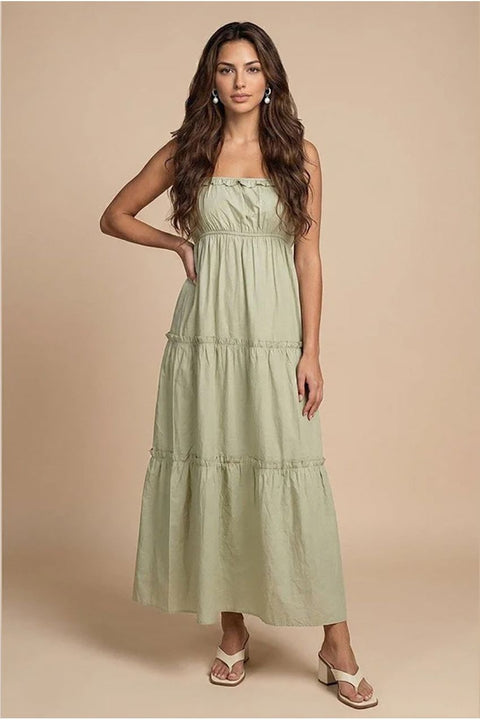 Sage Ruched Tiered Maxi Dress by Urban Bliss