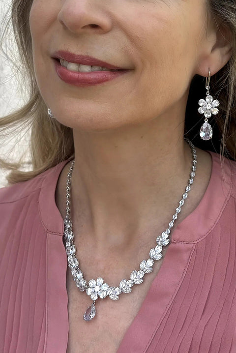 Silver Crystal Flower Necklace by QueenMee Accessories