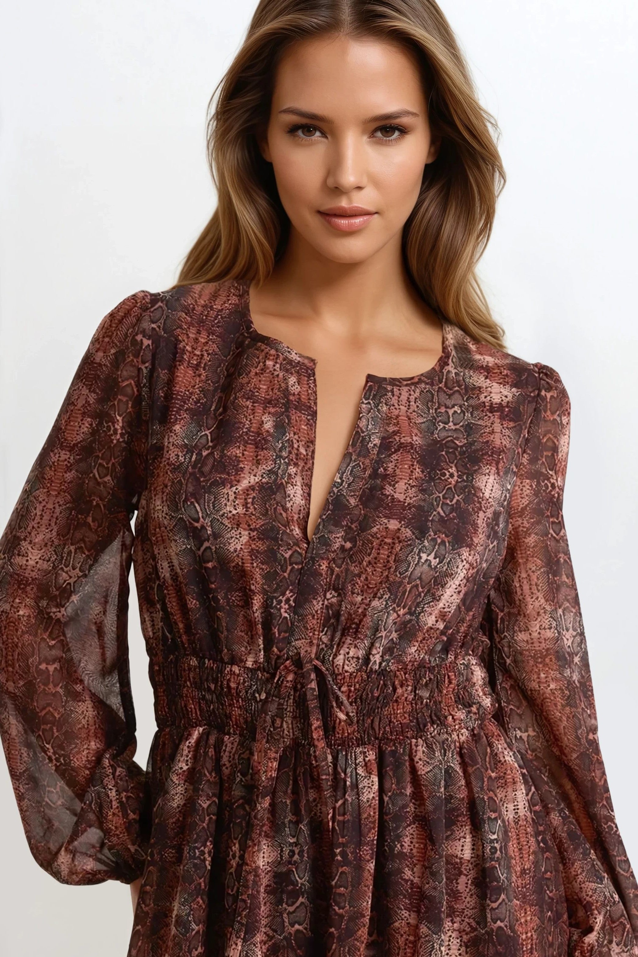Brown Snake Print Long Sleeve Midi Dress ALNL258865025