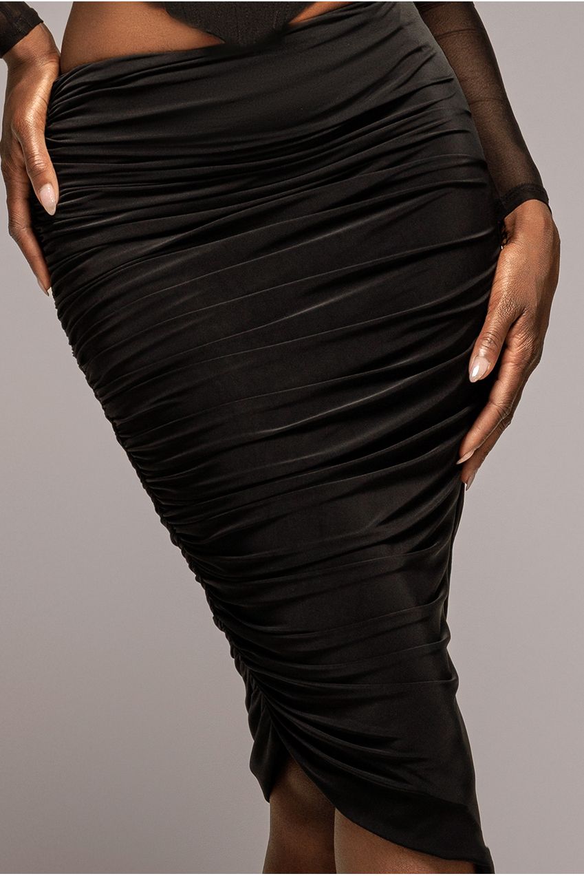 Side Gathered Asymmetric Midi Skirt - Black SK63