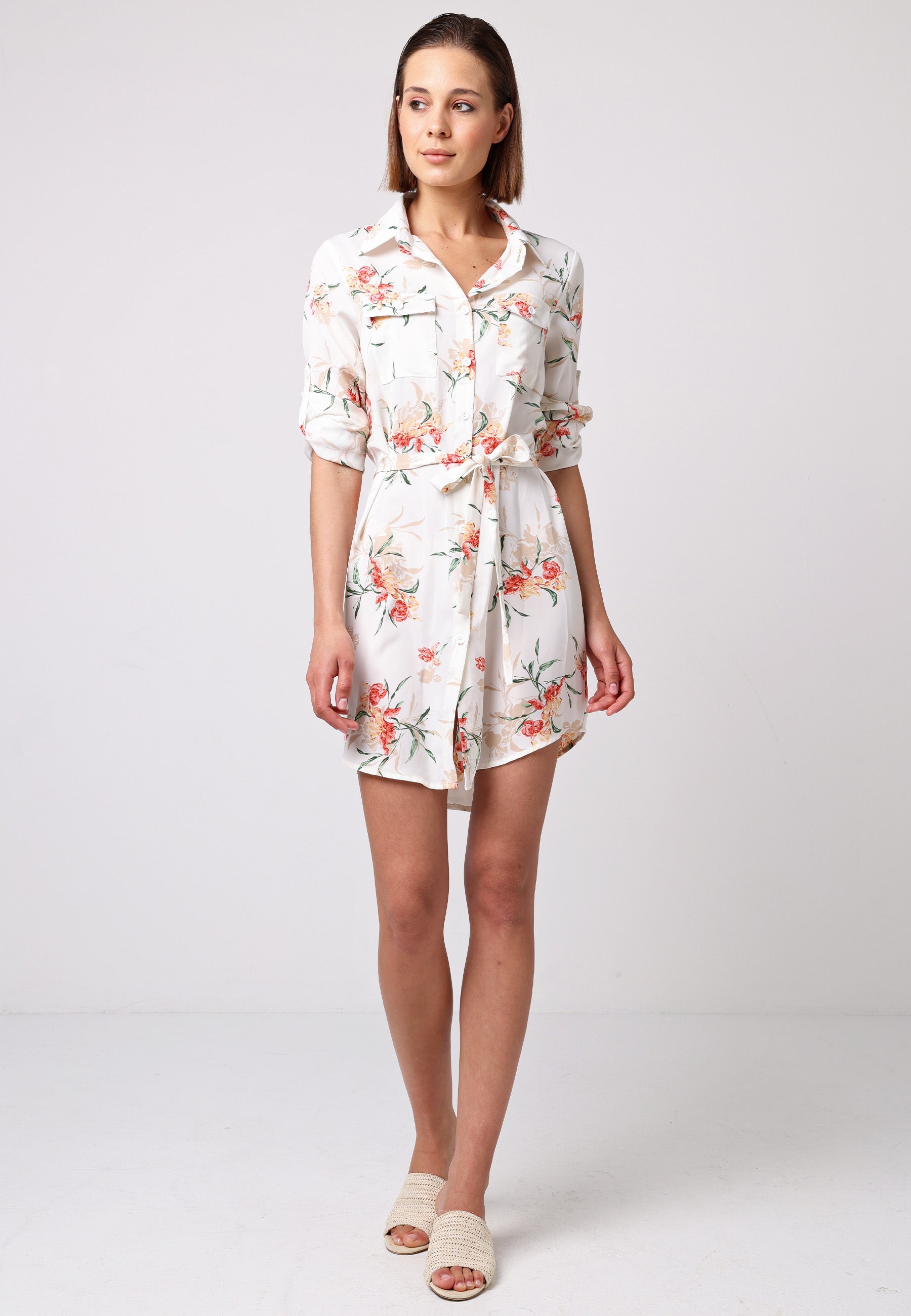 Shirt Dress With 3/4 Sleeve And Tie Belt In White Floral T038907WHTF