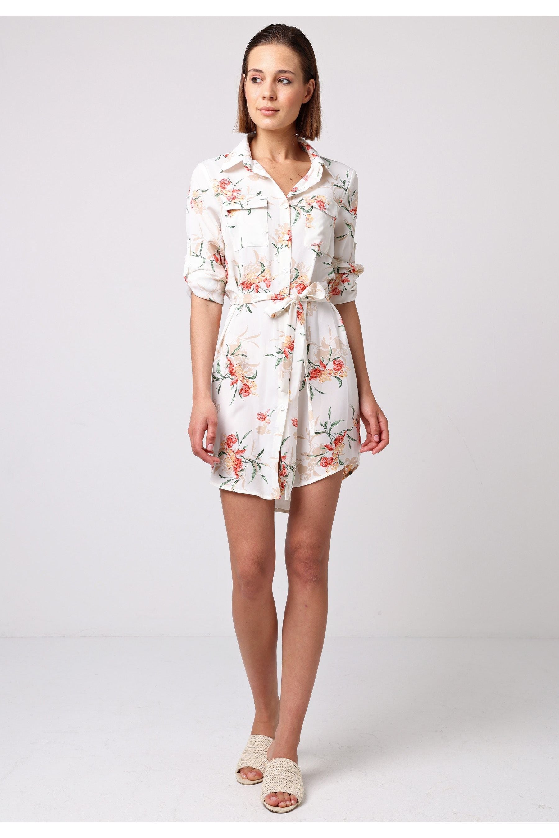 Shirt Dress With 3/4 Sleeve And Tie Belt In White Floral T038907WHTF