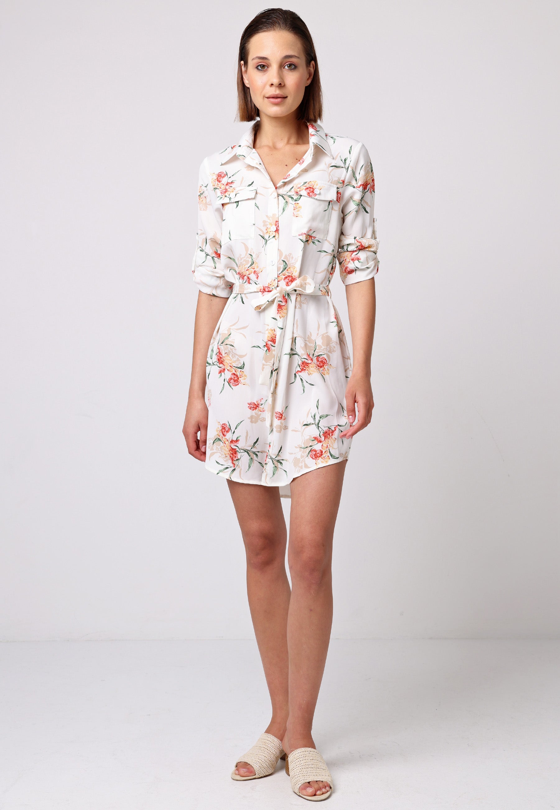 Shirt Dress With 3/4 Sleeve And Tie Belt In White Floral T038907WHTF